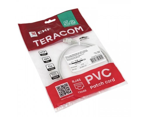 Патч-корд кат.5e (1Гбит/с) неэкранированный UTP оболочка PVC сер. (1м) TERACOM EKF TRC-5EUTP-PVC-1M-GY