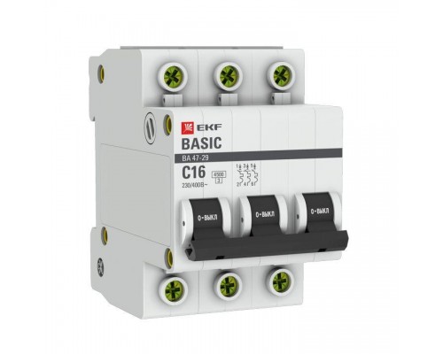 Выключатель автоматический модульный 3п C 16А 4.5кА ВА 47-29 Basic EKF mcb4729-3-16C