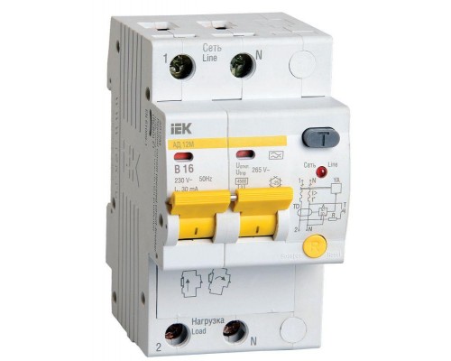 Выключатель автоматический дифференциального тока 2п B 16А 30мА тип A 4.5кА АД-12М IEK MAD12-2-016-B-030
