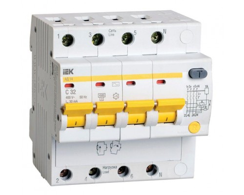 Выключатель автоматический дифференциального тока 4п C 32А 30мА тип AC 4.5кА АД-14 IEK MAD10-4-032-C-030