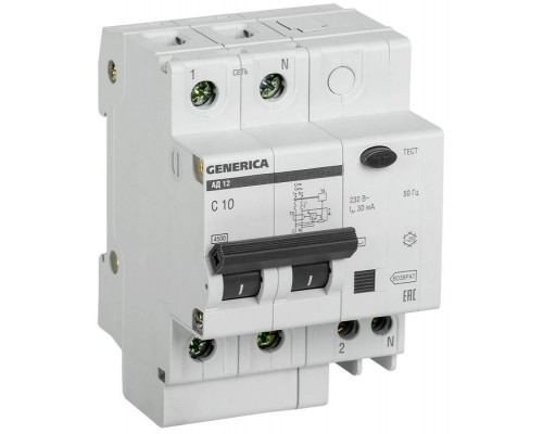Выключатель автоматический дифференциального тока 2п 10А 30мА АД12 GENERICA IEK MAD15-2-010-C-030