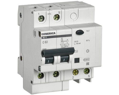 Выключатель автоматический дифференциального тока 2п 63А 100мА АД12 GENERICA IEK MAD15-2-063-C-100