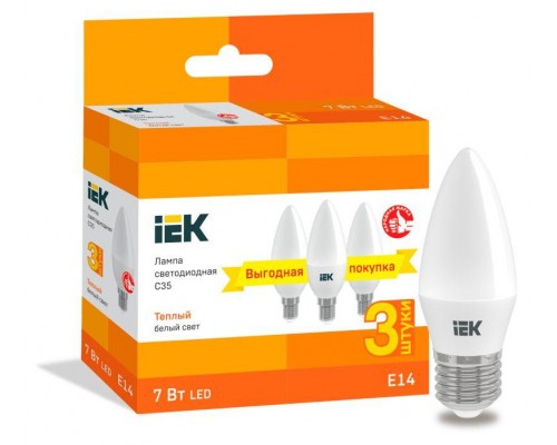 Лампа светодиодная C35 свеча 7Вт 230В 3000К E14 (уп.3шт) IEK LLE-C35-07-230-30-E14-3