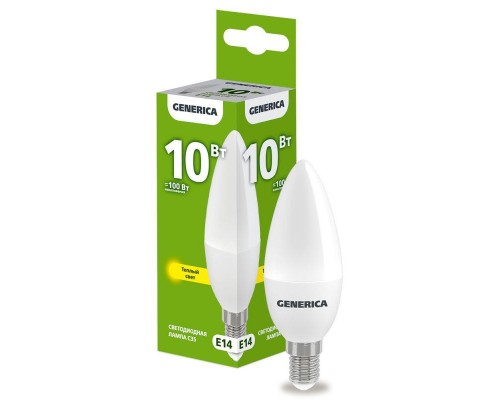 Лампа светодиодная C35 10Вт свеча 3000К E14 230В GENERICA LL-C35-10-230-30-E14-G