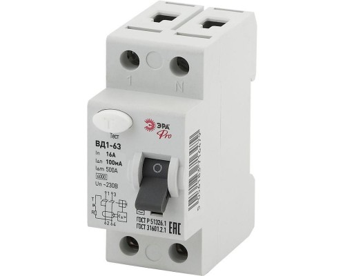 Выключатель дифференциального тока (УЗО) 1P+N 16А 100мА ВД1-63 Pro NO-902-72 ЭРА Б0031911