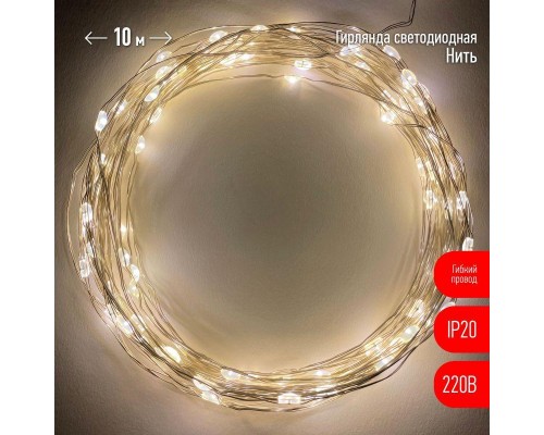 Гирлянда светодиодная "Нить" 10м 100LED тепл. свет 220В ЭРА Б0047964