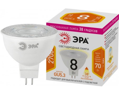 Лампа светодиодная STD LED Lense MR16-8W-827-GU5.3 8Вт MR16 софит 2700К тепл. бел. GU5.3 650лм 170-265В линзованная Эра Б0054938