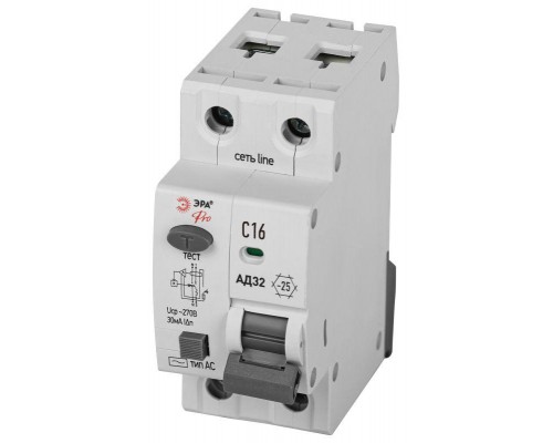 Выключатель автоматический дифференциального тока 1P+N C16 30мА тип АC защита 230В АВДТ 4.5кА PRO D32E2C16АC30P АД32 электронное Эра Б0057351