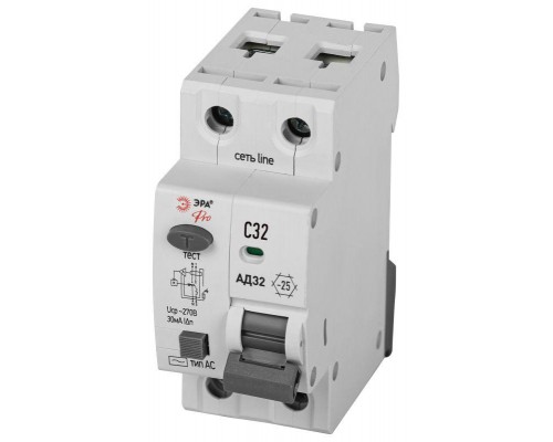 Выключатель автоматический дифференциального тока 1P+N C32 30мА тип АC защита 230В АВДТ 4.5кА PRO D32E2C32АC30P АД32 электронное Эра Б0057355
