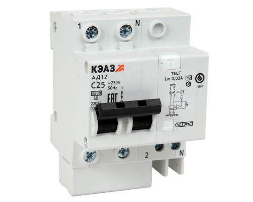 Выключатель автоматический дифференциального тока 2п C 25А 30мА тип A 4.5кА АД12-22 УХЛ4 КЭАЗ 141587