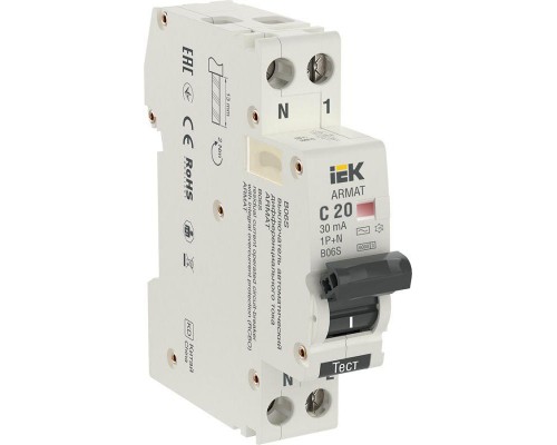 Выключатель автоматический дифференциального тока 2п C 20А 30мА тип AC АВДТ B06S 18мм ARMAT IEK AR-B06S-1N-C20C030