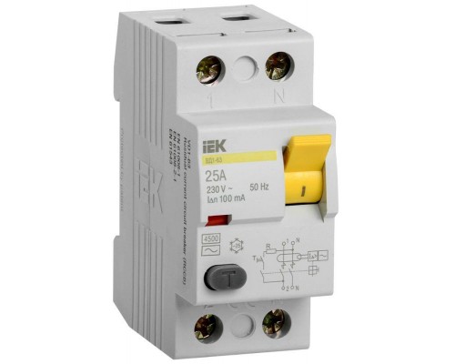 Выключатель дифференциального тока (УЗО) 2п 25А 100мА тип AC ВД1-63 IEK MDV10-2-025-100
