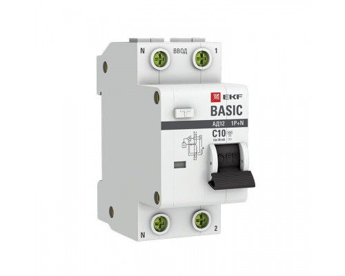 Выключатель автоматический дифференциального тока 1п+N C 10А 30мА тип AC 4.5кА АД-12 Basic EKF DA12-10-30-bas
