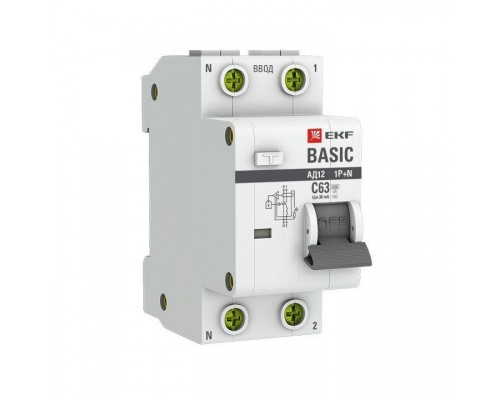 Выключатель автоматический дифференциального тока 1п+N C 63А 30мА тип AC 4.5кА АД-12 Basic EKF DA12-63-30-bas