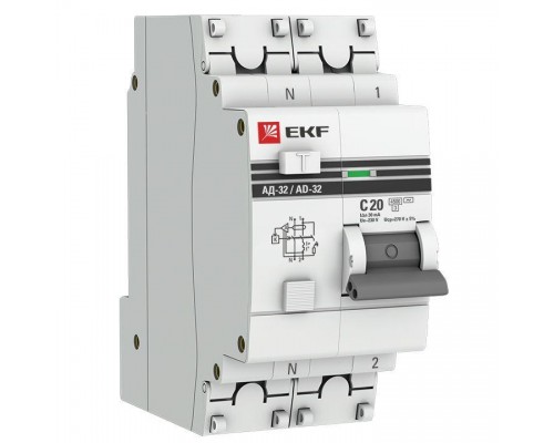 Выключатель автоматический дифференциального тока 2п C 20А 30мА тип AC 4.5кА АД-32 2мод. защита 270В электрон. PROxima EKF DA32-20-30-pro