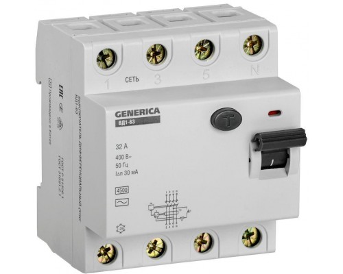 Выключатель дифференциального тока (УЗО) 4п 32А 30мА тип AC ВД1-63 GENERICA IEK MDV15-4-032-030