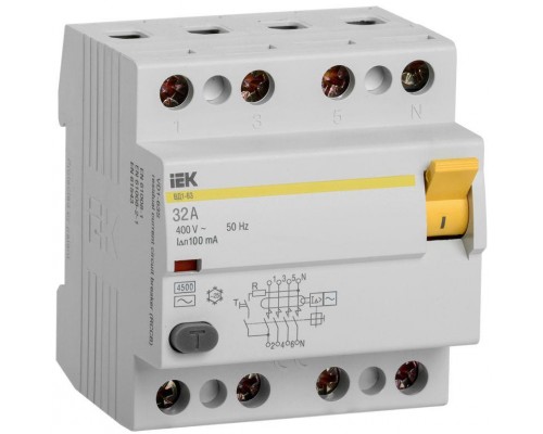 Выключатель дифференциального тока (УЗО) 4п 32А 100мА тип AC ВД1-63 IEK MDV10-4-032-100