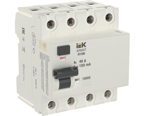 Выключатель дифференциального тока (УЗО) 4п 40А 100мА тип AC ВДТ R10N ARMAT IEK AR-R10N-4-040C100