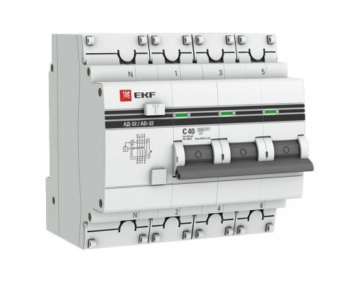 Выключатель автоматический дифференциального тока 4п C 40А 30мА тип AC 4.5кА АД-32 защита 270В электрон. PROxima EKF DA32-40-30-4P-pro
