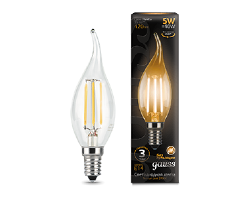Лампа светодиодная филаментная Filament 5Вт свеча на ветру 2700К тепл. бел. E14 420лм GAUSS 104801105