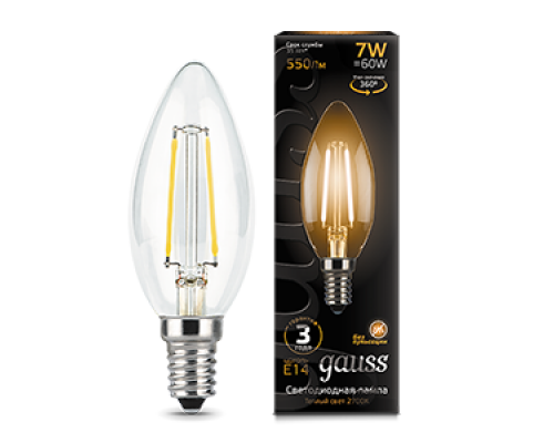 Лампа светодиодная филаментная Filament 7Вт свеча 2700К тепл. бел. E14 550лм GAUSS 103801107