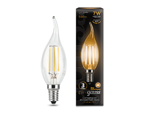 Лампа светодиодная филаментная Filament 7Вт свеча на ветру 2700К тепл. бел. E14 550лм GAUSS 104801107