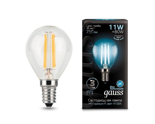Лампа светодиодная филаментная Black Filament 11Вт P45 шар 4100К нейтр. бел. E14 830лм GAUSS 105801211