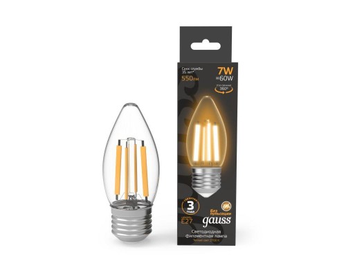 Лампа светодиодная филаментная Black Filament 7Вт свеча 2700К тепл. бел. E27 550лм GAUSS 103802107