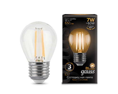 Лампа светодиодная филаментная Filament 7Вт шар 2700К тепл. бел. E27 550лм GAUSS 105802107