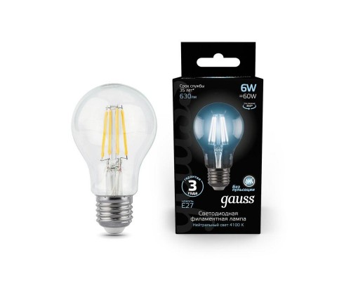 Лампа светодиодная филаментная Black Filament 6Вт A60 грушевидная 4100К нейтр. бел. E27 630лм GAUSS 102802206