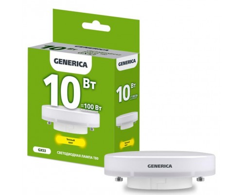 Лампа светодиодная T80 10Вт таблетка 3000К GX53 230В GENERICA LL-T80-10-230-30-GX53-G