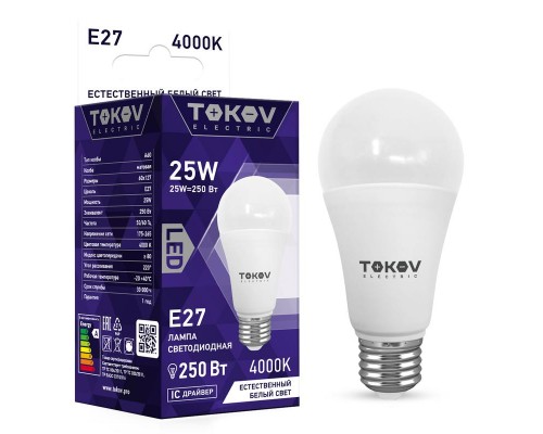 Лампа светодиодная 25Вт А60 4000К Е27 176-264В TOKOV ELECTRIC TKE-A60-E27-25-4K