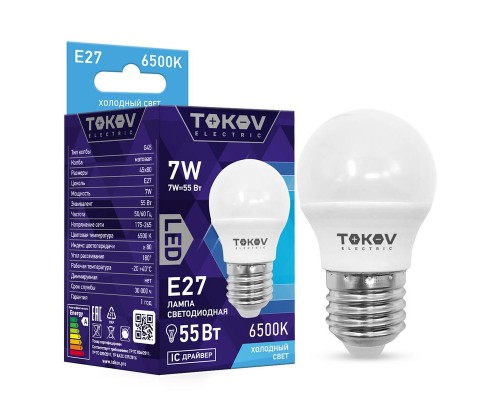 Лампа светодиодная 7Вт G45 6500К Е27 176-264В TOKOV ELECTRIC TKE-G45-E27-7-6.5K