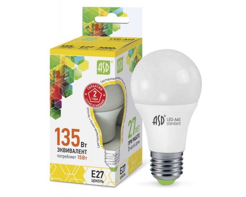 Лампа светодиодная LED-A60-standard 15Вт грушевидная 3000К тепл. бел. E27 1350лм 160-260В ASD 4690612002088