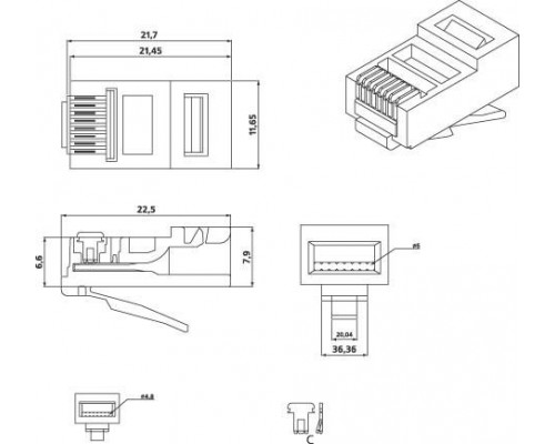 Разъем RJ45 8P8C кат.5E UTP PLUG-8P8C-U-C5-100 для ож и мж кабеля Hyperline 49377