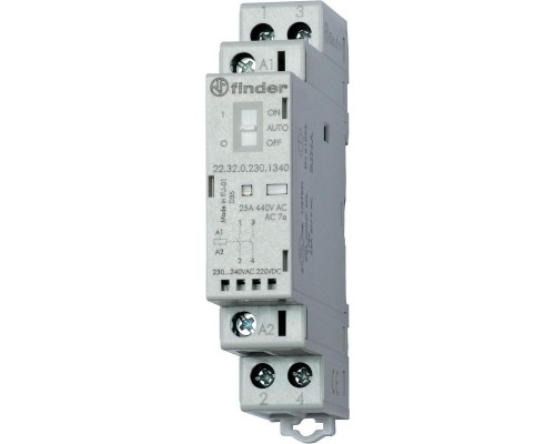Контактор модульный 2NO 25А AgNi 24В AC/DC 17.5мм IP20 опции: переключатель Авто-Вкл-Выкл + мех. индикатор + LED FINDER 223200241340