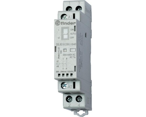 Контактор модульный 1NO + 1NC 25А AgSnO2 230В AC/DC 17.5мм IP20 мех. индикатор + LED FINDER 223202304520