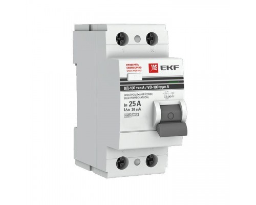 Выключатель дифференциального тока (УЗО) 2п 25А 30мА тип A ВД-100 (электромех.) PROxima EKF elcb-2-25-30-em-a-pro