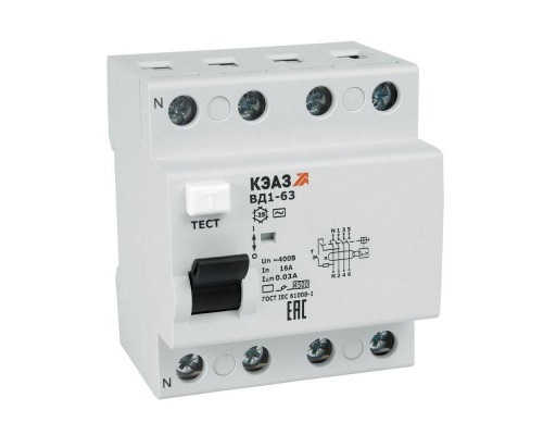 Выключатель дифференциального тока (УЗО) 4п 16А 30мА тип AC ВД1-63 4216 УХЛ4 КЭАЗ 221946