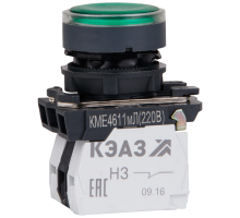 Кнопка КМЕ4511мЛ-220В-зеленый-1но+1нз-цилиндр-индикатор-IP54 КЭАЗ 309579