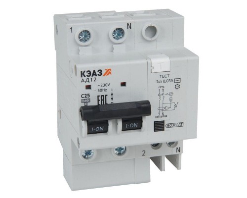Выключатель автоматический АД12-22C25-АC-УХЛ4 дифференциального тока с защитой от сверхтоков (2P C25 30мА) 4.5кА КЭАЗ 318370