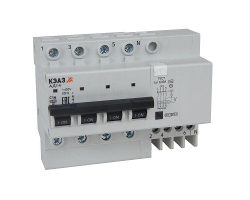 Выключатель автоматический АД14-42C25-АC-УХЛ4 дифференциального тока с защитой от сверхтоков (4P C25 30мА) 4.5кА КЭАЗ 318385