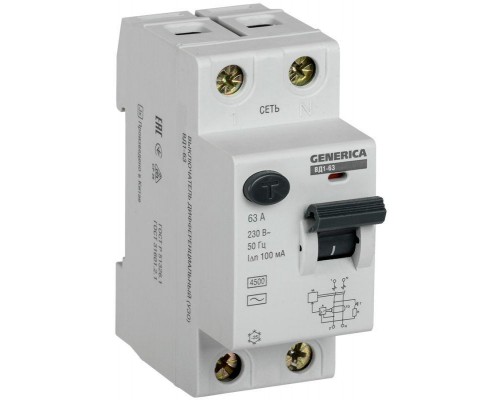 Выключатель дифференциального тока (УЗО) 2п 63А 100мА тип AC ВД1-63 GENERICA IEK MDV15-2-063-100