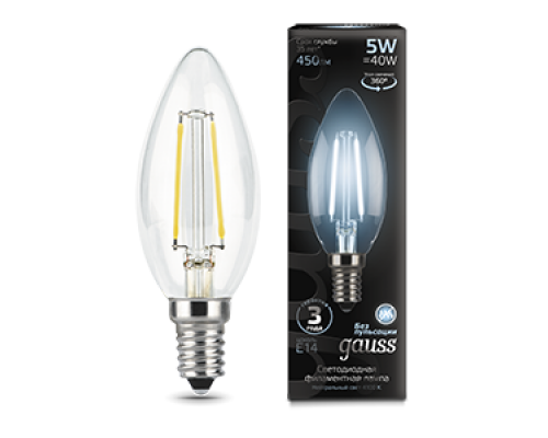 Лампа светодиодная филаментная Filament 5Вт свеча 4100К нейтр. бел. E14 450лм GAUSS 103801205