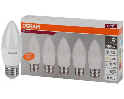 Лампа светодиодная LED Value LVCLB60 7SW/830 7Вт свеча матовая E27 230В 2х5 RU (уп.5шт) OSRAM 4058075578012