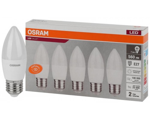 Лампа светодиодная LED Value LVCLB60 7SW/840 7Вт свеча матовая E27 230В 2х5 RU (уп.5шт) OSRAM 4058075578043