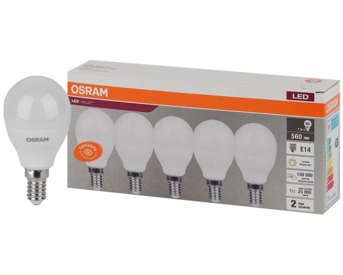 Лампа светодиодная LED Value LVCLP60 7SW/830 7Вт шар матовая E14 230В 2х5 RU (уп.5шт) OSRAM 4058075578104