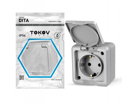 Розетка 1-м ОП Dita 16А IP54 250В с заземл. с крышкой сер. TOKOV LIGHT TKL-DT-R1Z-C06-IP54