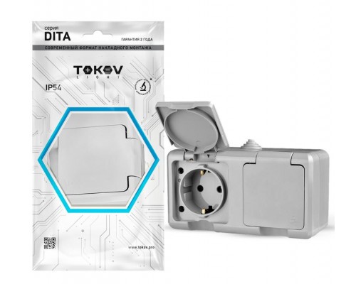 Розетка 2-м ОП Dita 16А IP54 250В с заземл. с крышкой сер. TOKOV LIGHT TKL-DT-R2Z-C06-IP54